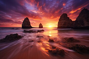 Sticker - Twelve Apostles at sunset, Great Ocean Road, Victoria, Australia, Sunset at the beach in Lagos, Portugal. Long exposure, AI Generated