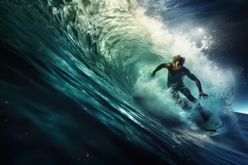 Wall Mural - Surfer on the wave. Mixed media. Mixed media. Mixed media, Surfer man with surfboard dive underwater with under ocean wave, AI Generated