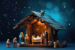 Wooden manger with newborn baby Jesus Christ in dark blue night with bright star. Nativity scene background. Christian Christmas concept. Birth of Salvation, Messiah, Emmanuel, God with us, hope