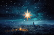Christmas night. Comet star in night starry sky of Bethlehem. Nativity scene. Jesus Christ birth. The star shines over the manger of Jesus Christ.