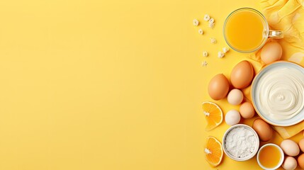 Wall Mural - White and yellow background with flour and other ingredients, egg slices, fresh eggs, milk