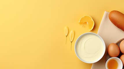 Wall Mural - White and yellow background with flour and other ingredients, egg slices, fresh eggs, milk