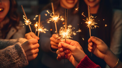 Wall Mural - Young friends holding sparklers celebrating a new year eve party