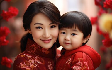 Chinese mother and kid, Chinese new year traditional background, lunar spring festival