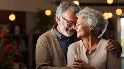 Happy senior adult mature classy couple hugging, bonding, thinking of good future. Carefree cheerful mid age old husband embracing wife looking away dreaming, enjoying wellbeing and love in new house.