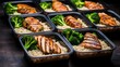 A clean eating meal prep scene with neatly portioned grilled chicken, steamed broccoli