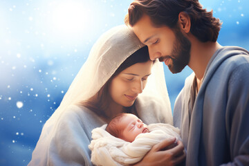 Poster - Nativity scene with Mary, Joseph and newborn baby Jesus. Christian Christmas scene with holy family. Birth of Salvation, Messiah, Emmanuel, God with us