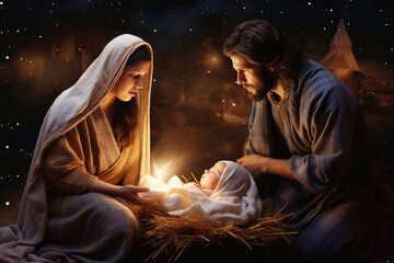 Poster - Nativity scene with Mary, Joseph and newborn baby Jesus. Christian Christmas scene with holy family. Birth of Salvation, Messiah, Emmanuel, God with us