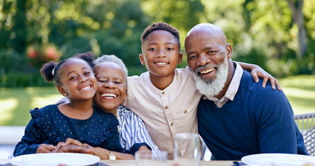 Poster - Children, hug or portrait of grandparents in nature with smile in park for love or support in black family. Elderly grandma, happy or African kids with a senior man to relax or bond in retirement