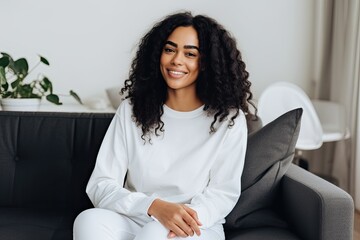 beautiful smiling black woman sitting on a couch wearing a plain white shirt - mockup template