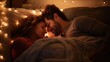 couple cuddling in bed, cozy time, fairy lights