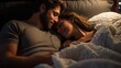 couple cuddling in bed, cozy time, dimmed light
