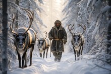 A Man In A Winter Coat Is Leading A Herd Of Reindeer Through A Snowy Forest. Generative AI.