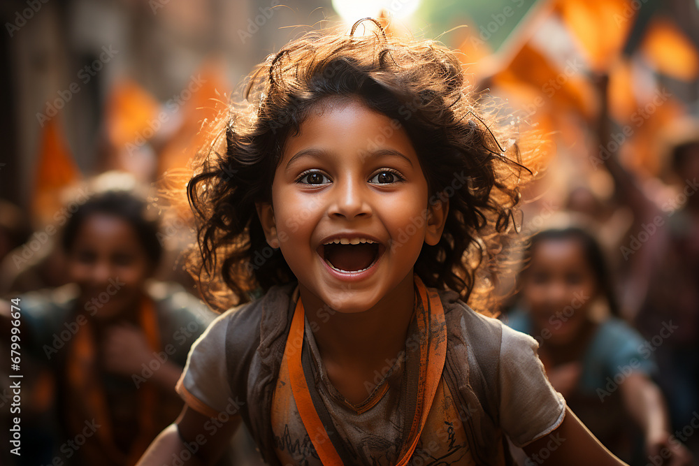 portraits of children of Indian origin celebrating the republic day of india, they are in a gathering of people and there are Indian flags. republic of india