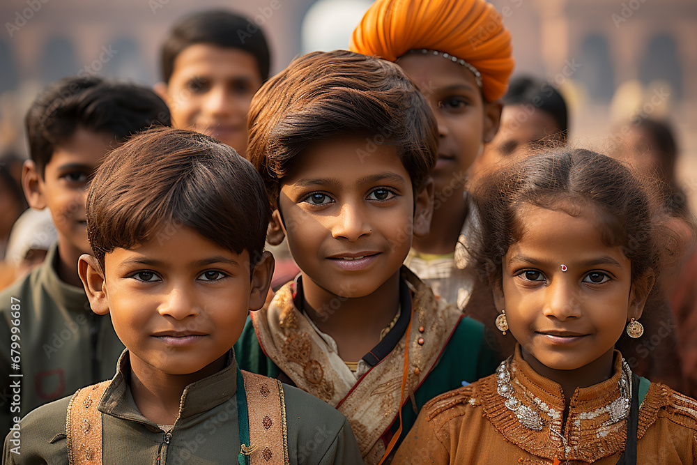 portraits of children of Indian origin celebrating the republic day of india, they are in a gathering of people and there are Indian flags. republic of india