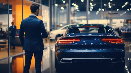 Two people talking to each other inside a modern car dealership.