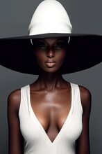 Black Fashion Model Wearing A White Dress And A Large Hat - Studio Fashion Portrait