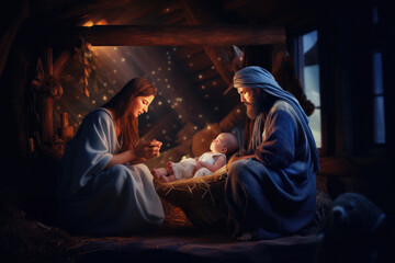 Poster - Nativity scene with Mary, Joseph and newborn baby Jesus. Christian Christmas scene with holy family. Birth of Salvation, Messiah, Emmanuel, God with us