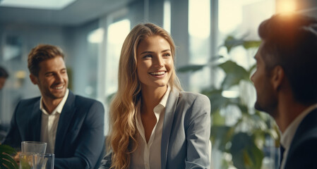 Aufkleber - Financial advisers discuss investment plans with clients in their offices, Smiling.