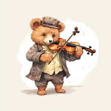 Watercolor, Vintage Illustration. Teddy Bear Plays The Violin.
