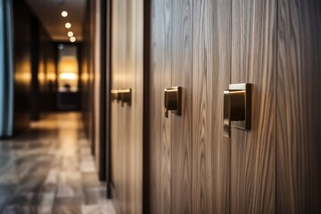 Wall Mural - Close up of a wooden wall beside door of luxury hotel.