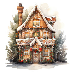 Wall Mural - Watercolor drawing. Cute house decorated for Christmas and covered with snow