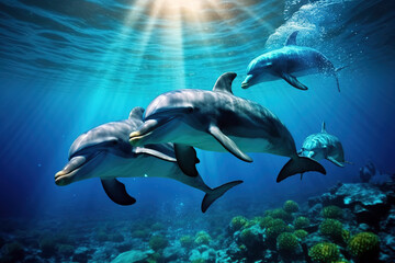 Wall Mural - Group of dolphins under the sea., Undersea animals.