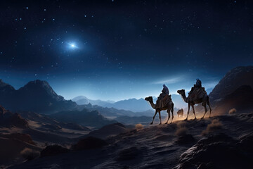 Wall Mural - Christmas nativity story. Three wise man on camels against star of Bethlehem in night background. Christian Christmas concept. Birth of Jesus Christ, Salvation, Messiah, Emmanuel, God with us, hope