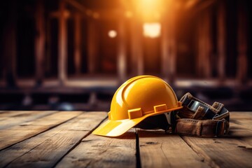 Poster - Equipment and tools for building construction on wood background.