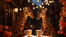Happy Valentine's Day. A Couple Of Lovers Giraffes On A Romantic Date In Cafe. Romantic Postcard, Card. Generative AI