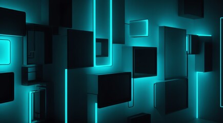 Wall Mural - Squares of teal neon lights on a dark room background from Generative AI