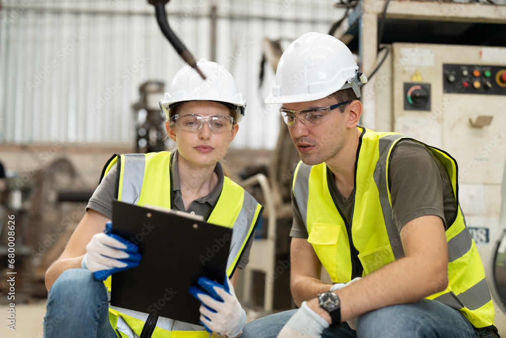 Male and female automation engineer wear vest and helmet safety holding ...