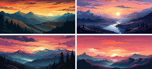 Landscape Mountains Nature Forest Sky Vector Tree Hill Panorama Sunrise Travel View Background 