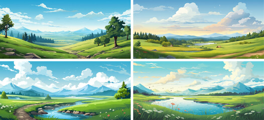 nature landscape green illustration environment season vector background tree grass mountain sky