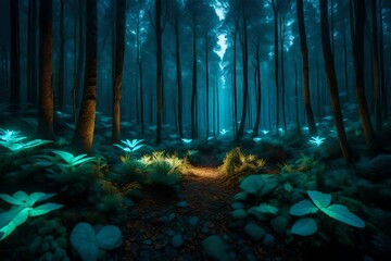 An otherworldly, bioluminescent forest at night, where vibrant colors emanate from the flora, casting an ethereal glow on the surrounding landscape. --