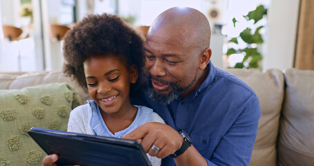 Canvas Print - Dad, daughter and tablet with smile on sofa for games, streaming or elearning in living room of home. Black family, man and girl child with touchscreen, happiness or technology for watching movie