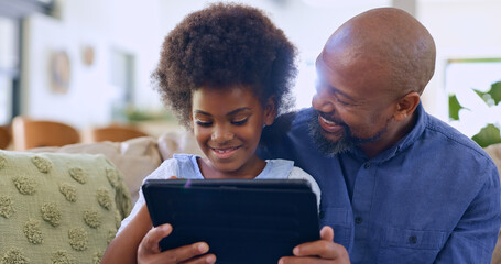 Canvas Print - Father, daughter and tablet with smile on sofa for games, streaming or elearning in living room of home. Black family, man and girl child with touchscreen, happiness or technology for watching movie