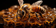 Bienen auf der Wabe in orangen Farben Querformat für Banner, ai generativ