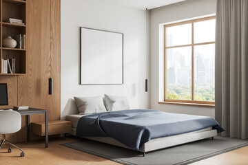 Sticker - Elegant home bedroom interior bed and workspace, panoramic window. Mockup frame