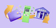 © ImageFlow - Green flying ATM machine with wallet, bank and arrow on purple background