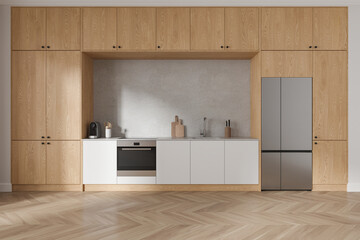 Poster - Modern home kitchen interior shelves and fridge with oven and kitchenware