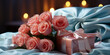 Rosen in pink mit schönen Geschenk in der Box zum Hochzeitstag und Geburtstag im Querfornat für Banner, ai generativ