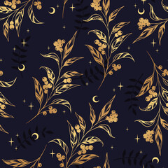 Wall Mural - floral gold seamless pattern. branch with golden leaves