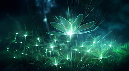 Wall Mural - Neon green light emits flowers glowing with soft, luminous energy. Abstract space futuristic background.