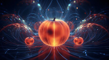 Pumpkins With A White Blue Glow And Dynamic Energy. Abstract Illustration Of Fruit In Space Environment.