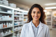 portrait of young woman pharmacist in drugstore