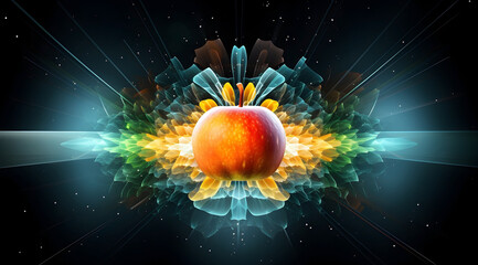 Wall Mural - A juicy apple with a green neon glow effect and dynamic energy. Abstract illustration of fruit in space environment.