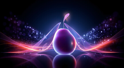 Wall Mural - A juicy plum with a purple neon glow and dynamic energy. Abstract illustration of fruit in space environment.