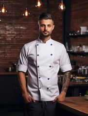 Wall Mural - Chef uniform mockups with empty copy space to add logos and designs on jackets or high-cuisine uniforms. Models portraying chef in various kitchens.