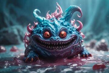 Sticker - A picture of detailed blue slime monster with a scary smile.